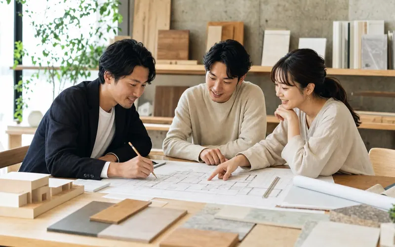 設計士と夫婦が間取り図を囲んで打ち合わせする様子