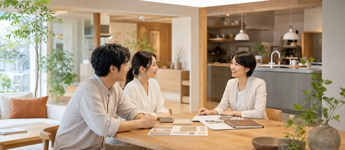 明るい展示場で住宅スタッフに相談する夫婦