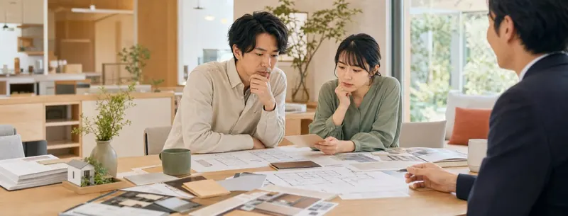 ショールームでカタログやサンプルを前に相談する夫婦